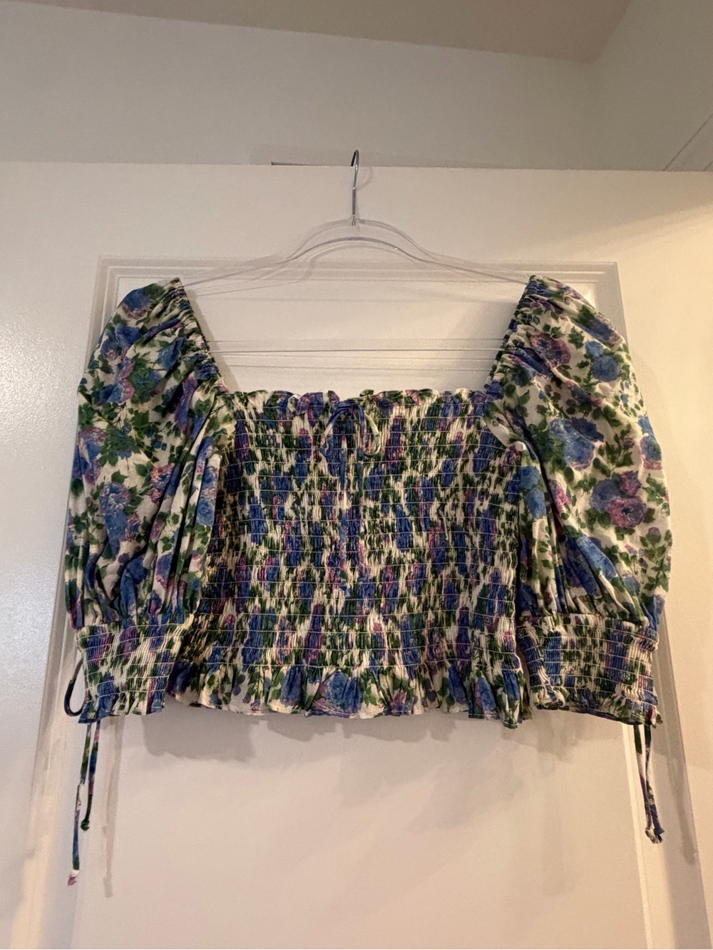 For Love & Lemons Smocked Floral Puff-Sleeve Crop Top